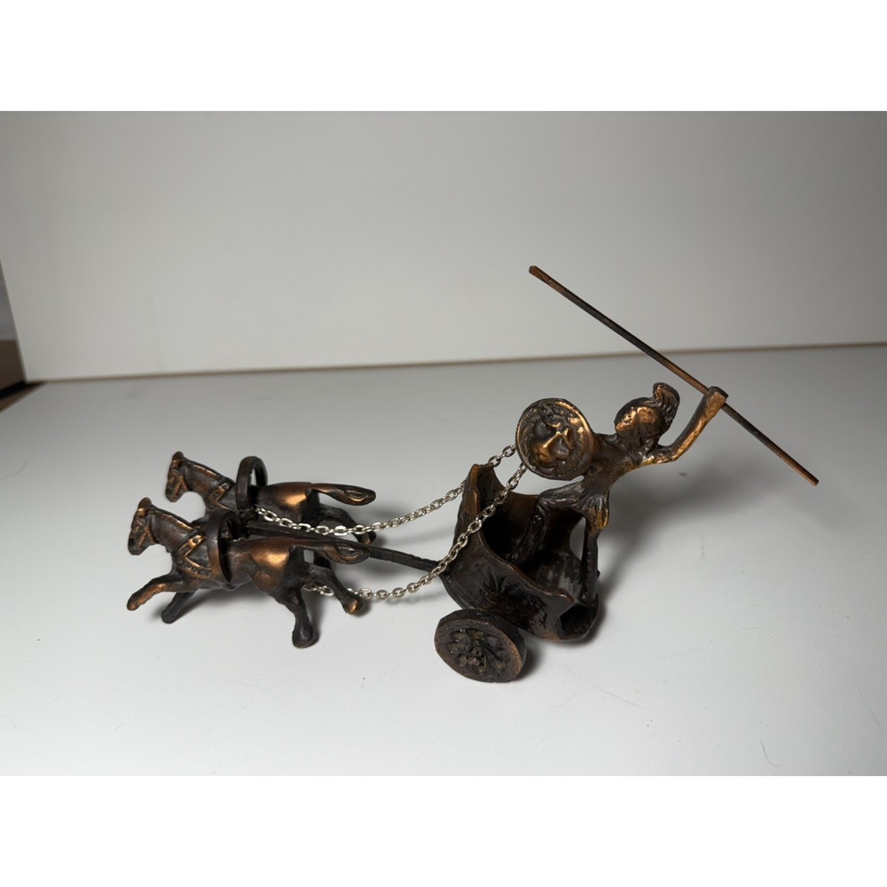 Vintage Cast Bronze Warrior Chariot Figurine Sculpture Horses Classical Scene - Picture 5 of 10